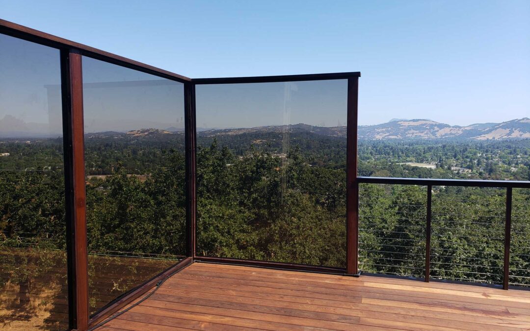 Double decker Americana deck with stainless steel cable rail, tempered glass windscreen and ZipUp ceiling for waterproof lower deck in Santa Rosa, CA
